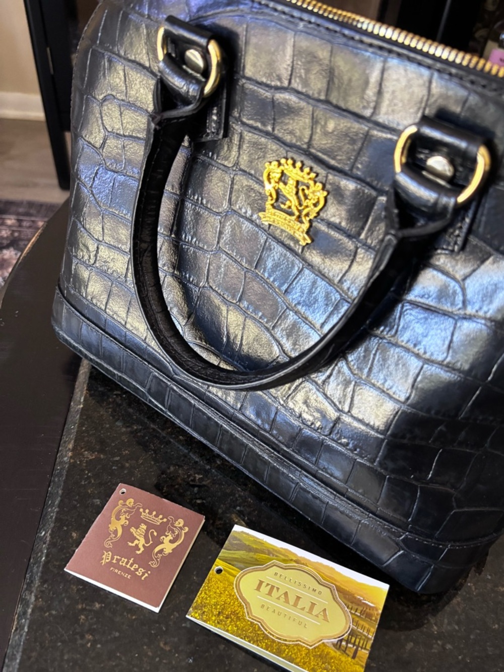 Pratesi Black Croc-Embossed Leather Tote Bag with Gold Crest